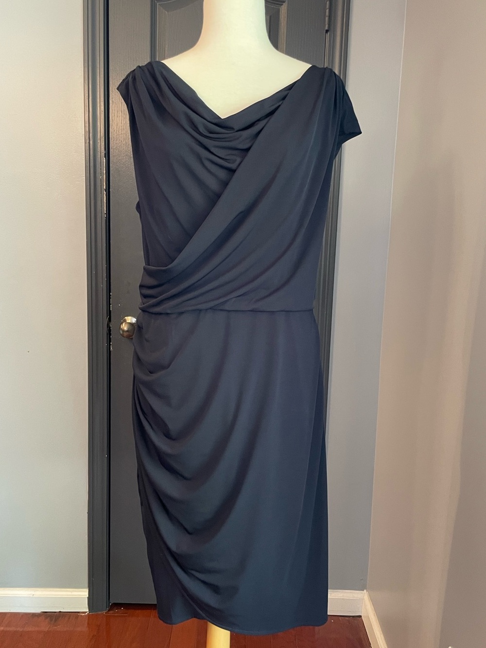 Maggie London Black Women's Faux Wrap Off One Shoulder Navy Dress